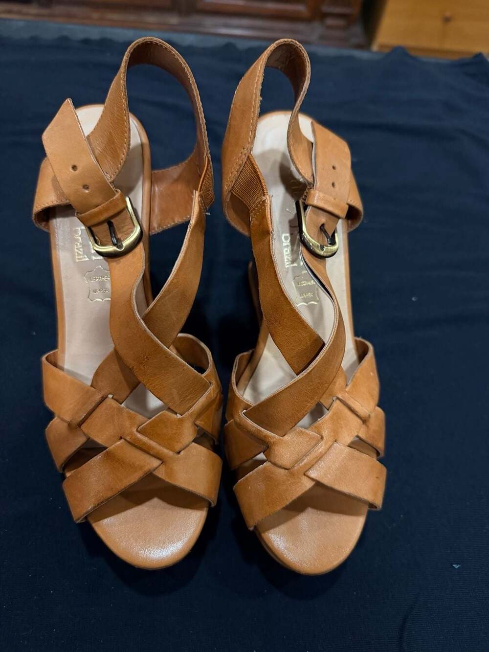 Cathy Jean Brazil Tan Brown Leather Strappy Platform Wedge Sandals